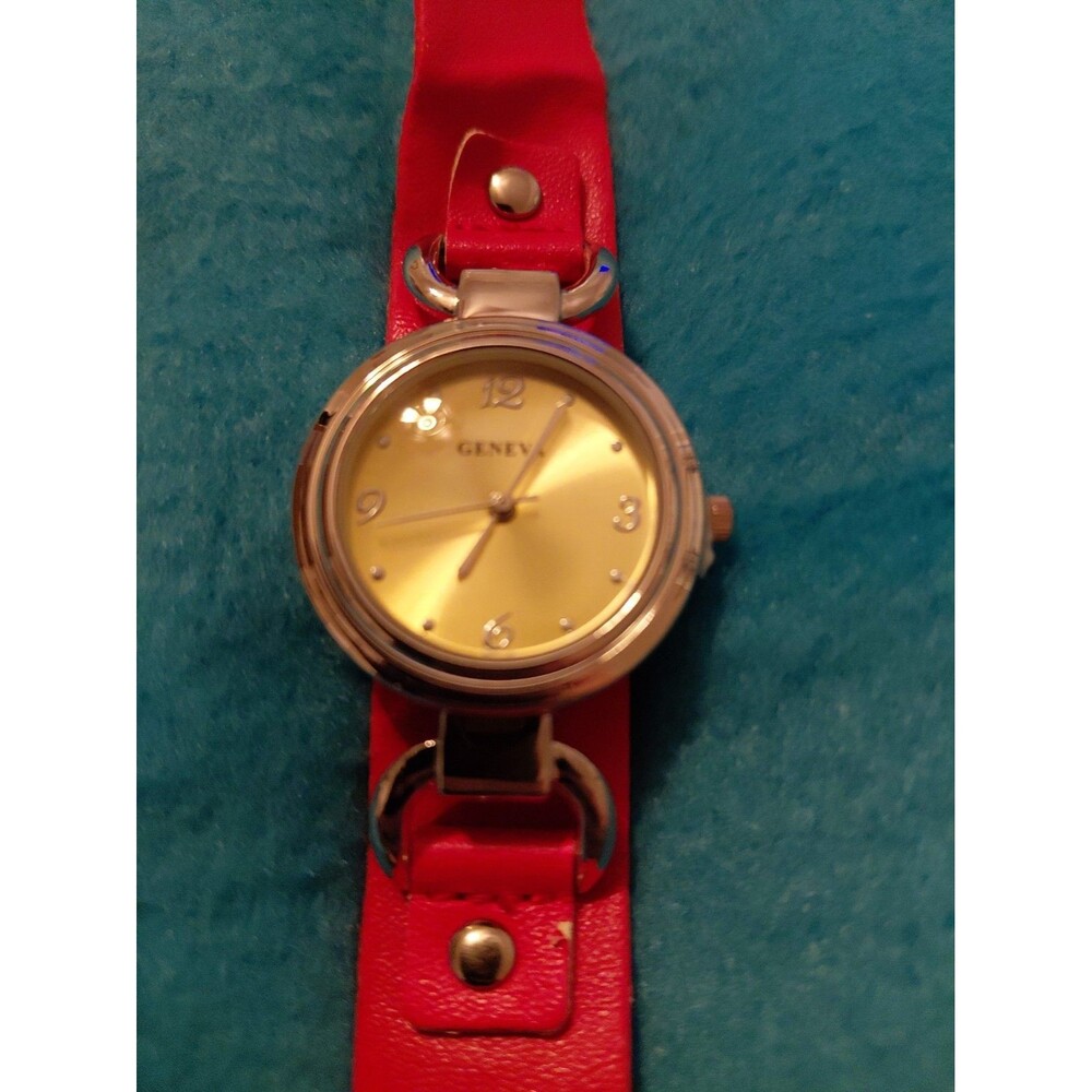 New Geneva Red Faix Leather Strap With Gold Face Womens Watch